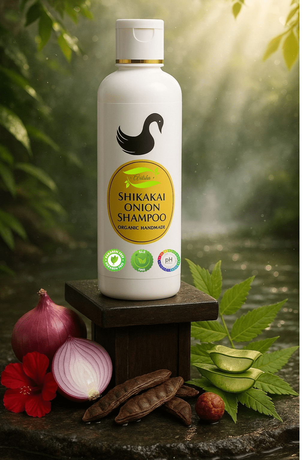 Organic Shikakai Onion Shampoo and Herbal Hair Colour with natural ingredients like hibiscus, shikakai pods, and neem leaves